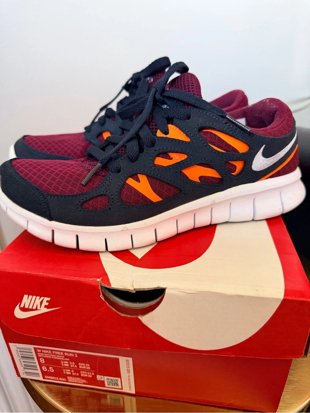 Nike Womens Free Run 2 Burgundy, Orange & Black Athletic Sneakers